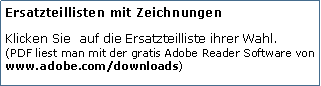 Tekstvak: Ersatzteillisten mit ZeichnungenKlicken Sie  auf die Ersatzteilliste ihrer Wahl. 
(PDF liest man mit der gratis Adobe Reader Software von www.adobe.com/downloads)